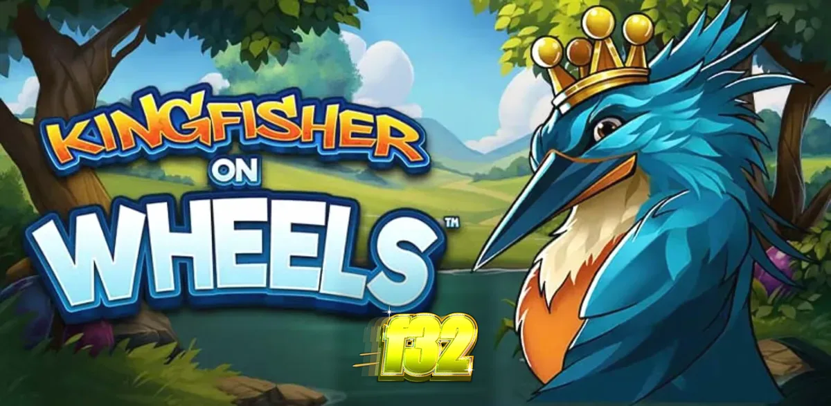 Tampilan visual slot Kingfisher on Wheels dengan latar belakang sungai dan burung raja udang bermahkota.